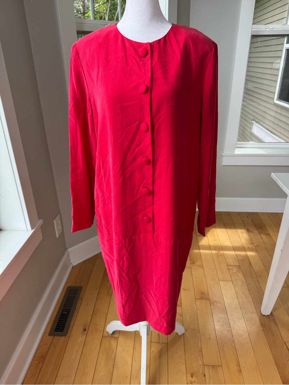 Vintage 90s Talbots Minimalist Red Silk Long Sleeve Button Front Sheath Dress 10